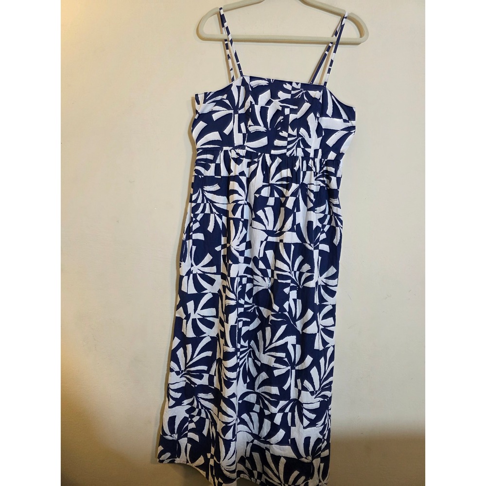 Japna Singh Blue White Abstract Smocked Cotton Midi Dress Size L NWT‎ 22256